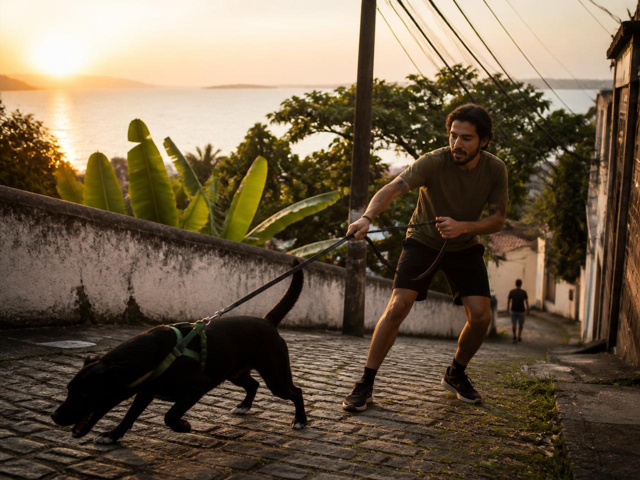 Cão puxando a guia durante o passeio