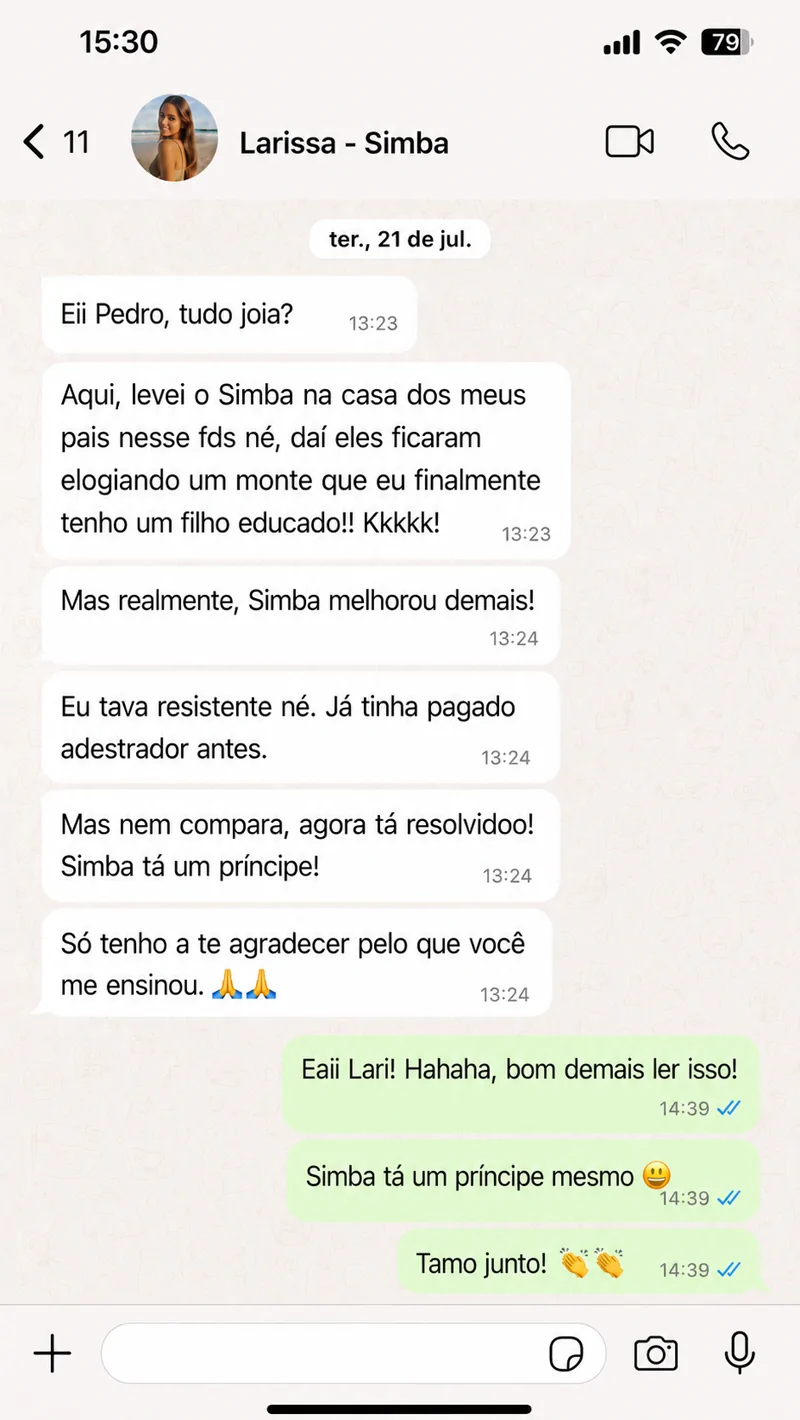 Print de conversa no WhatsApp: Larissa, tutora do Simba